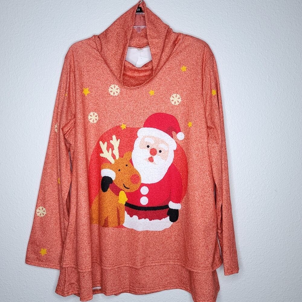 Santa and Rudolph Novelty Tunic Mock Neck Top XXL